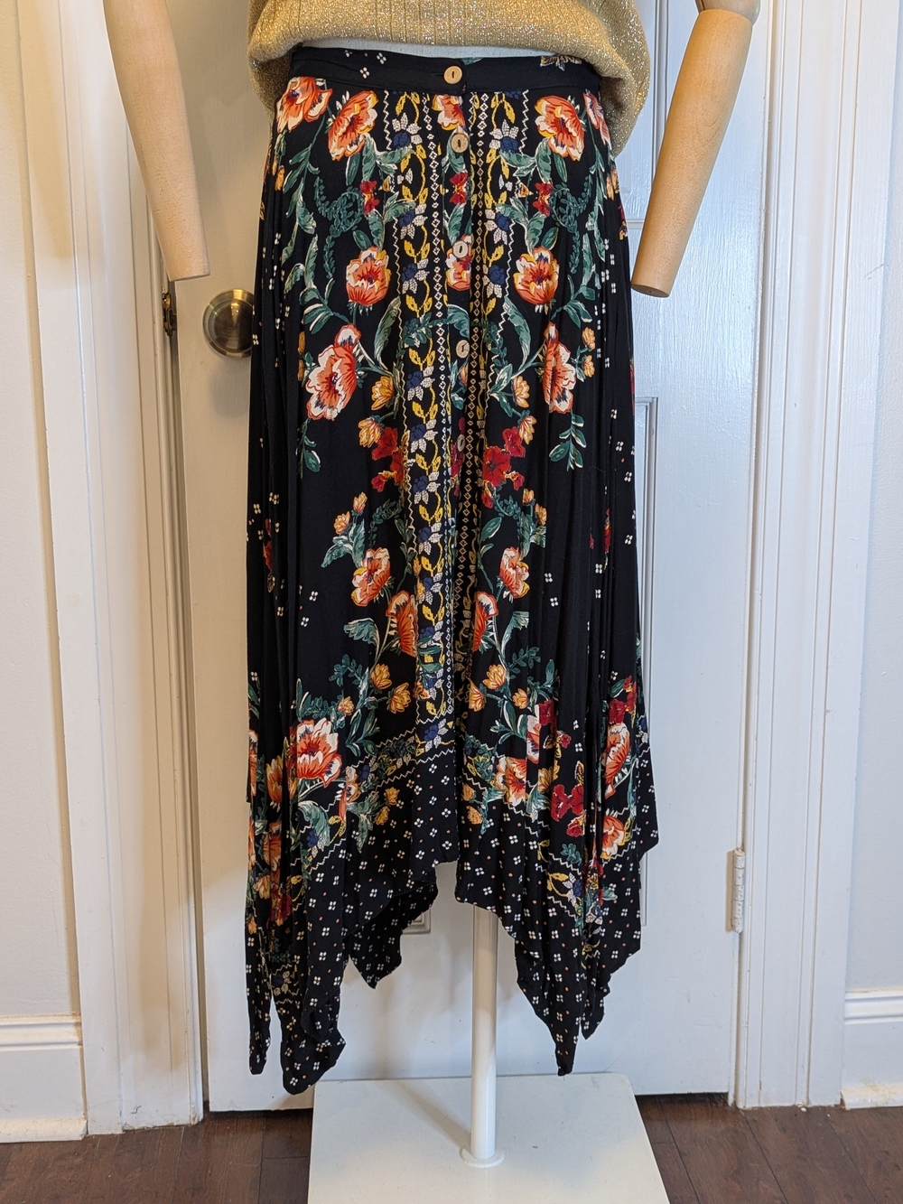 Vintage Angie Black Floral Asymmetrical Handkerchief Hem Skirt